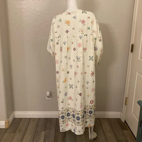ZARA Oversized Linen Blend Floral Print MIDI Kaftan Dress White Large - Picture 11 of 13